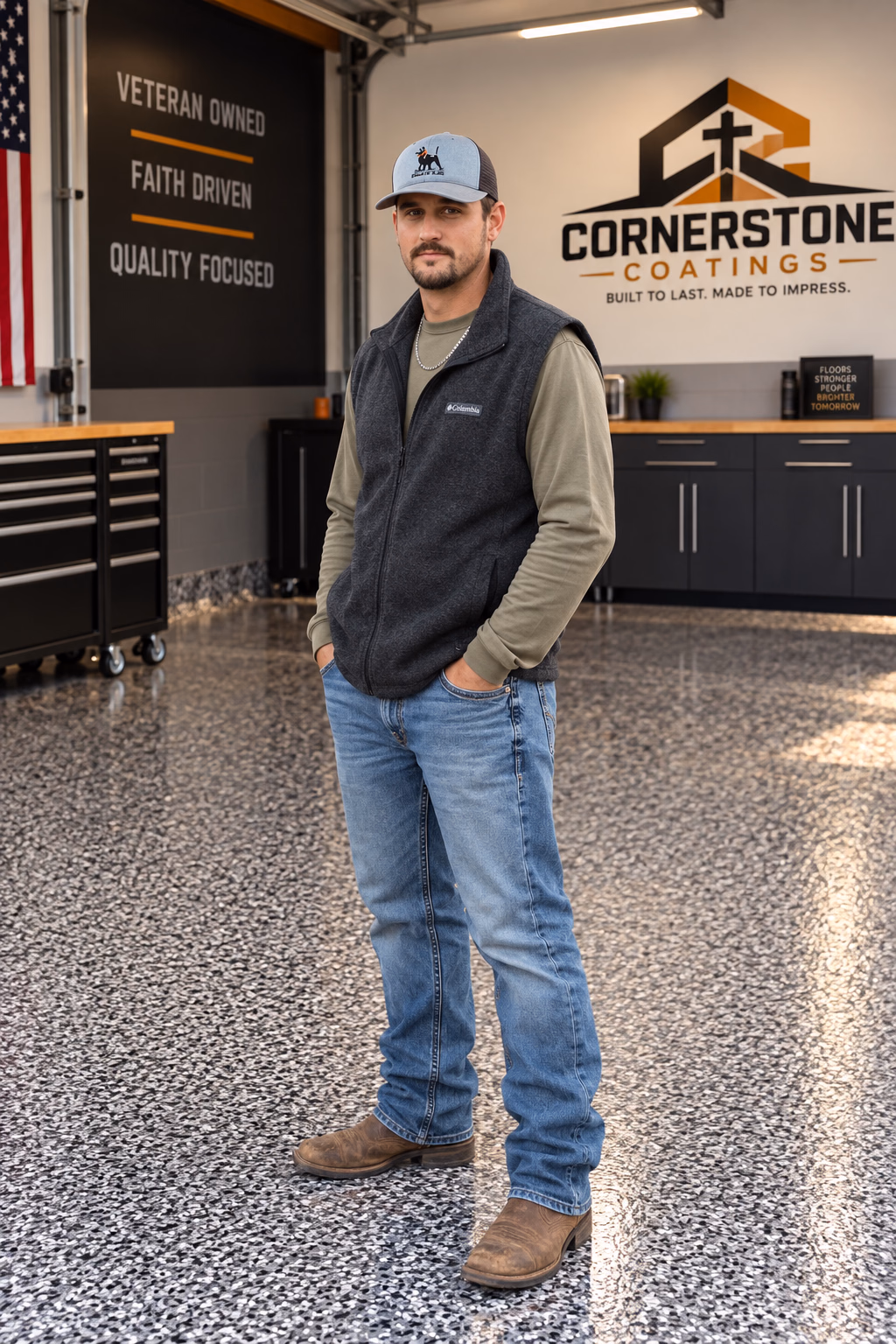 Cornerstone Coatings owner standing on professionally coated concrete floor in North Carolina